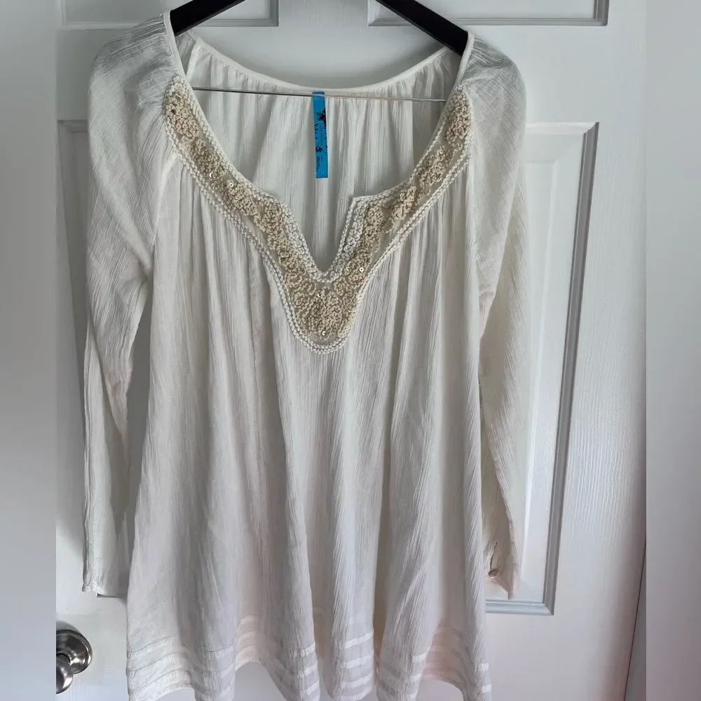 Free People Cream Tunic Lace Sequin Detail SZ Small Coastal Cowgirl NWOT Summer